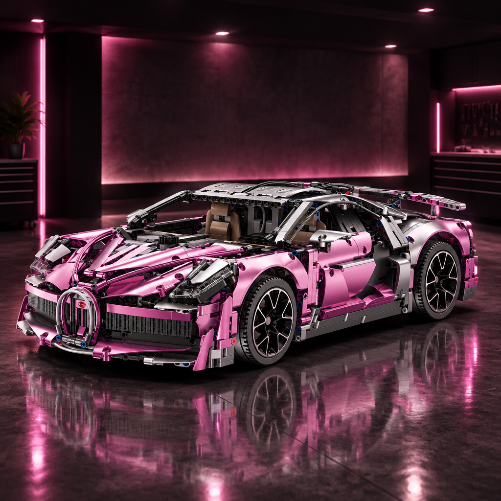 Rose Chiron Legend LEGO model full car view in a dark premium garage with rose pink ambient glow