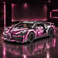 Rose Chiron Legend LEGO model full car view in a dark premium garage with rose pink ambient glow