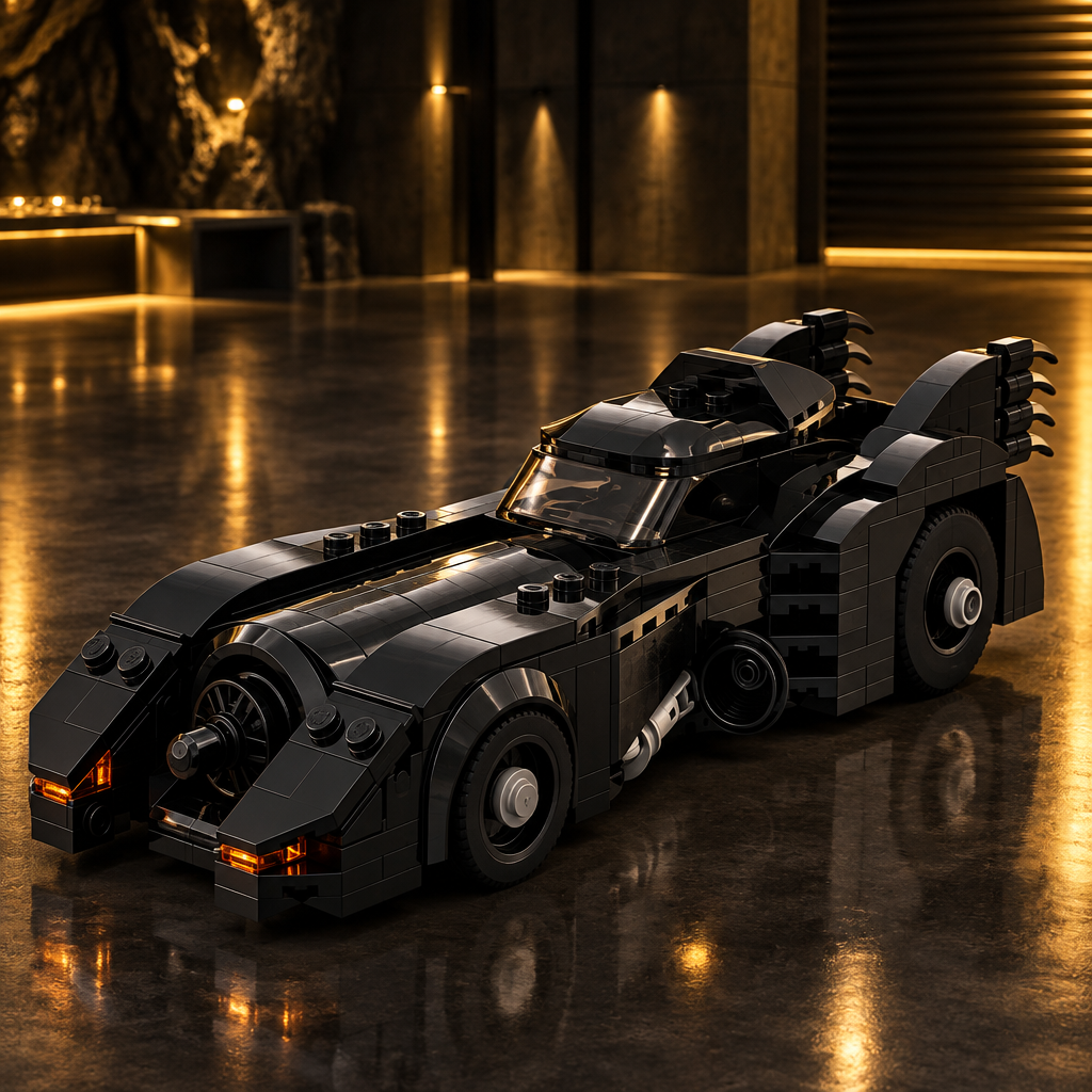 1989 Batmobile LEGO model in a dark premium garage with golden ambient glow