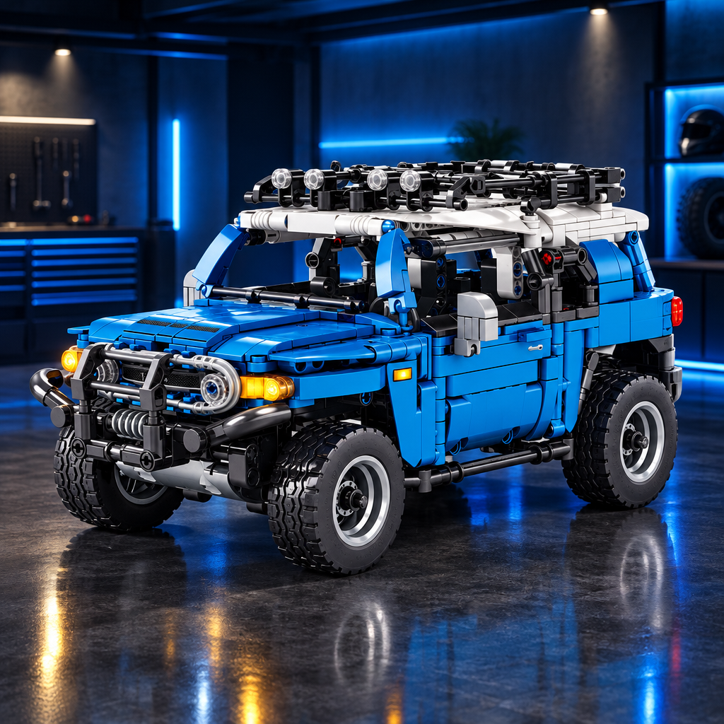 Blue FJ Cruiser style LEGO Technic off-road model in a dark premium garage with blue ambient glow