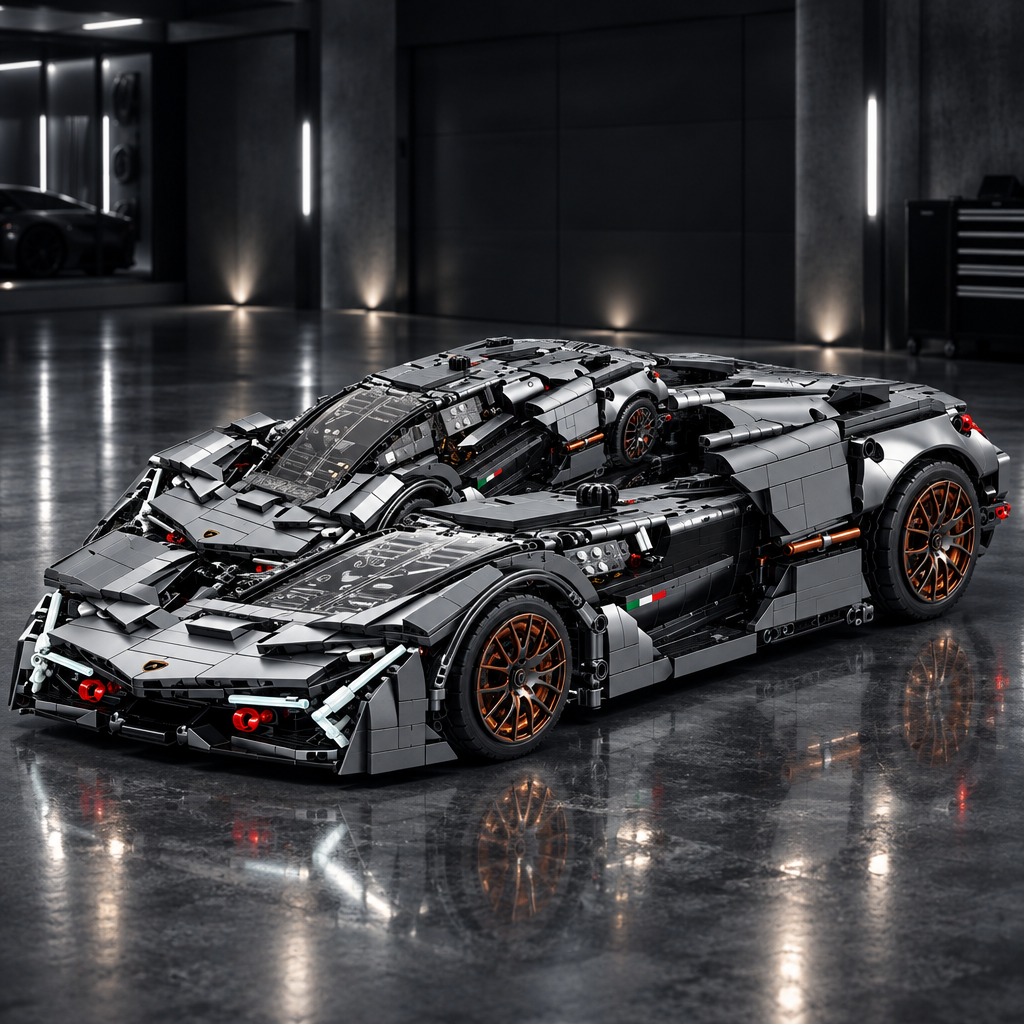 Steel Phantom 1:14 gunmetal Lamborghini style LEGO Technic model in a dark premium garage
