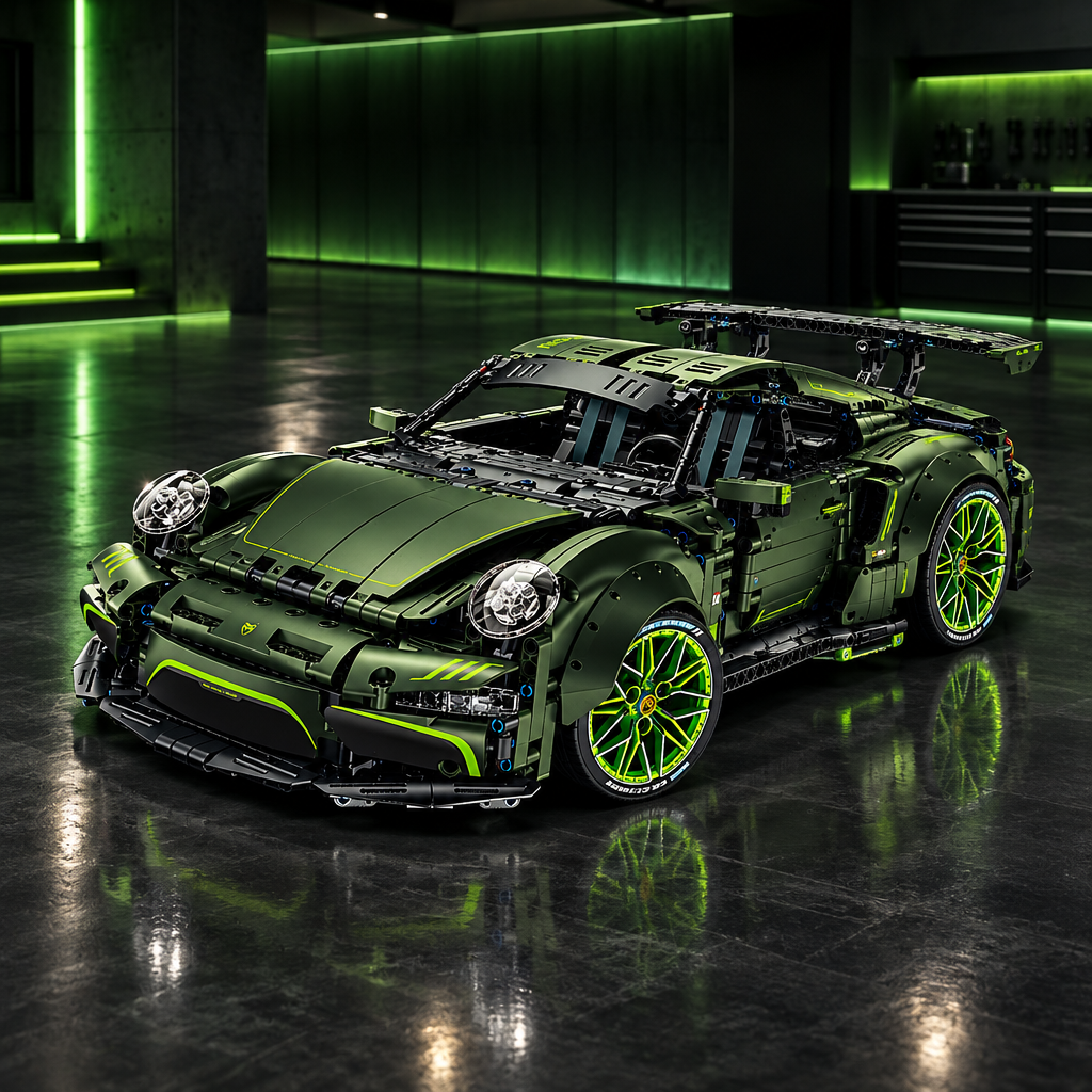Dark military green Porsche 911 style LEGO Technic model with lime green accents in a dark premium garage