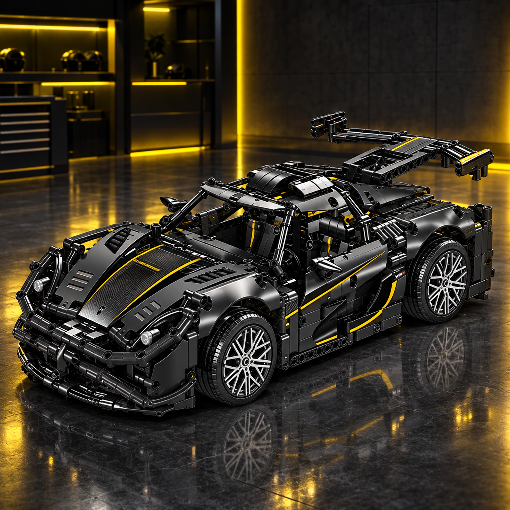 Steel Phantom 1:14 black Pagani style LEGO Technic model in a dark premium garage with yellow glow