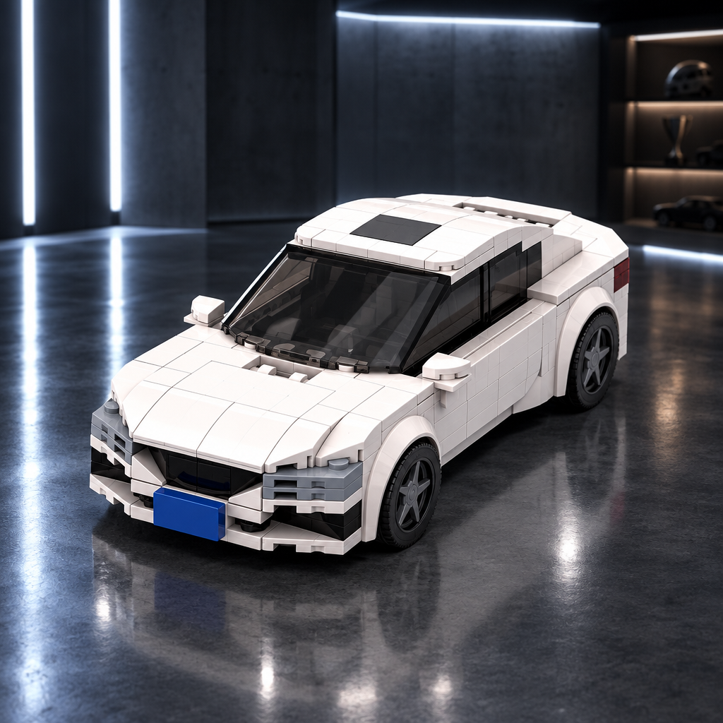 White sport sedan LEGO model in a dark premium garage with cool white ambient glow