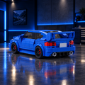 Blue rally sport coupe LEGO model in a dark premium garage with blue ambient glow