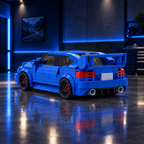 Blue rally sport coupe LEGO model in a dark premium garage with blue ambient glow