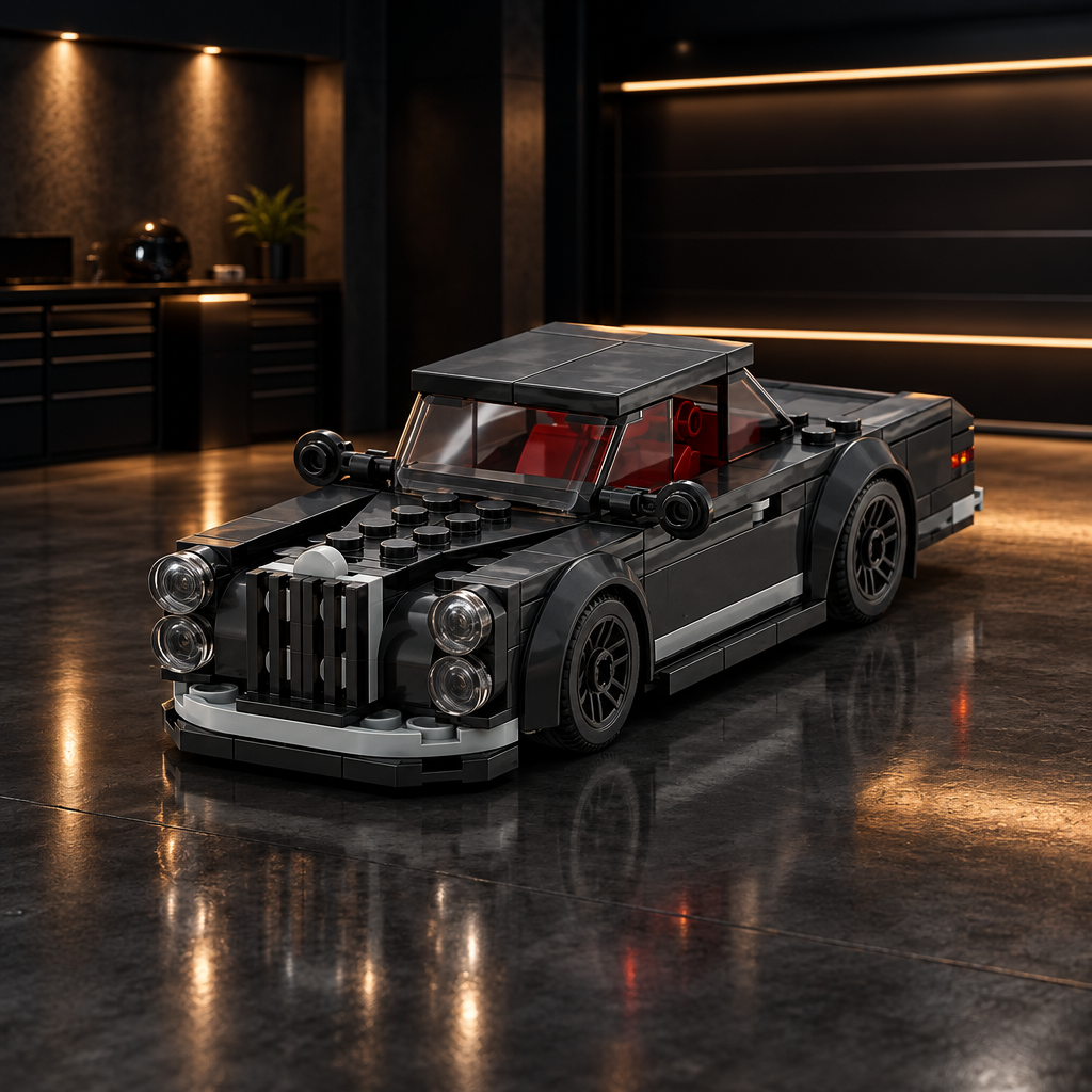 Dark charcoal classic muscle car LEGO model in a dark premium garage