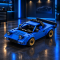 Blue open-top classic sports car LEGO model with gold wheels in a dark premium garage