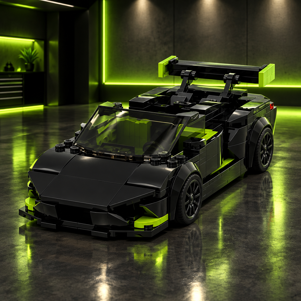 Black and lime green supercar LEGO model in a dark premium garage with neon green glow