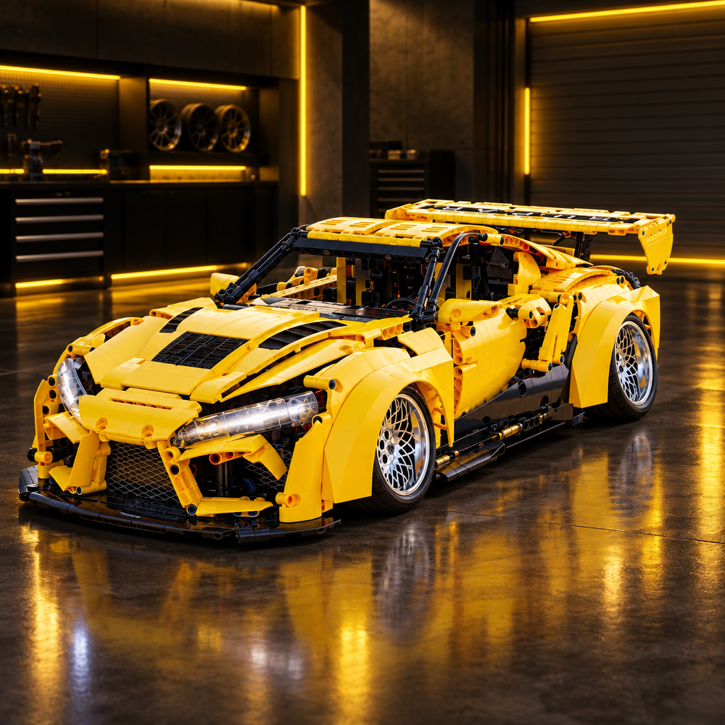 Yellow GT Supra-style LEGO Technic model in a dark premium garage with yellow ambient glow