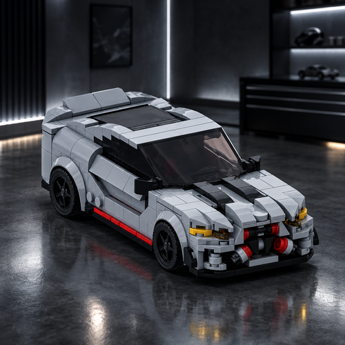 Ash Striker GTS LEGO model in a dark premium garage setting