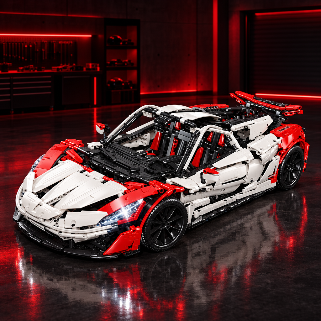 Crimson Apex P1 red and white McLaren P1 LEGO Technic model in a dark premium garage