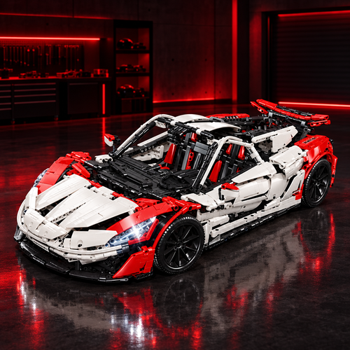 Crimson Apex P1 red and white McLaren P1 LEGO Technic model in a dark premium garage