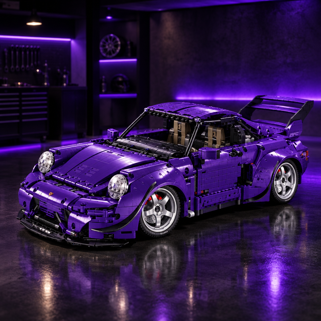Purple Rotana 993 LEGO model in a dark premium garage with deep purple ambient glow