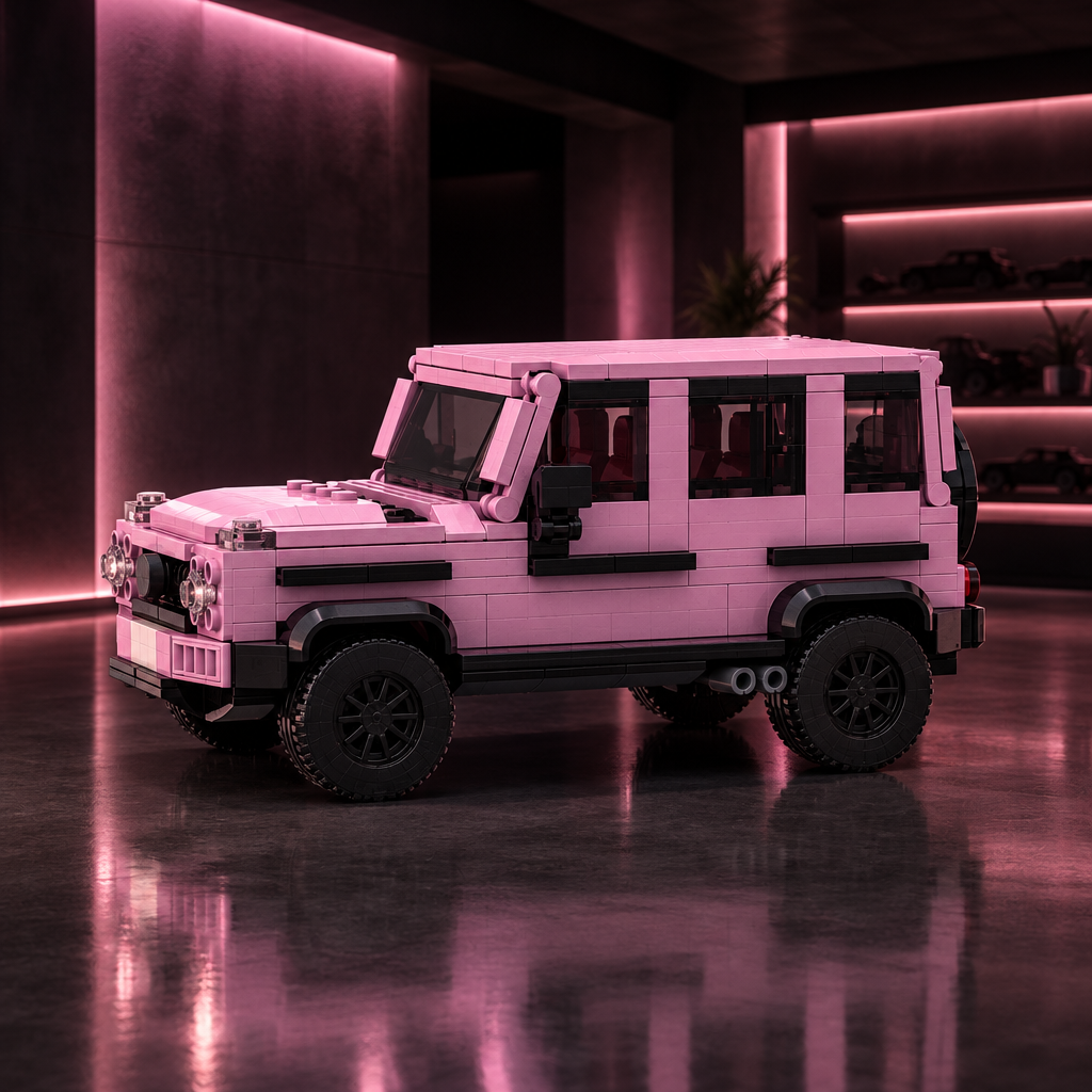 Rose G-Class Cruiser LEGO model in a dark premium garage with rose ambient glow