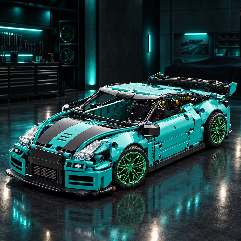Teal 911 GT Racer LEGO model full car view in a dark premium garage with teal ambient glow