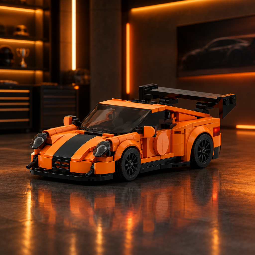 Orange Porsche 911 style LEGO model with black wing in a dark premium garage with orange ambient glow