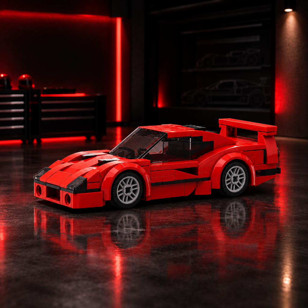 Scarlet F40 Legend LEGO model in a dark premium garage setting