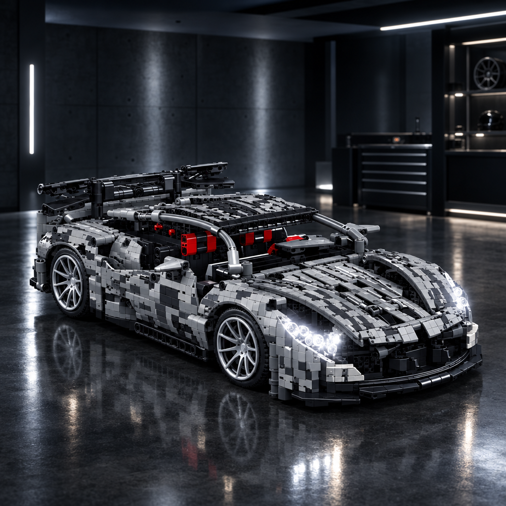 Iron Camo GT500 LEGO model in a dark premium garage setting