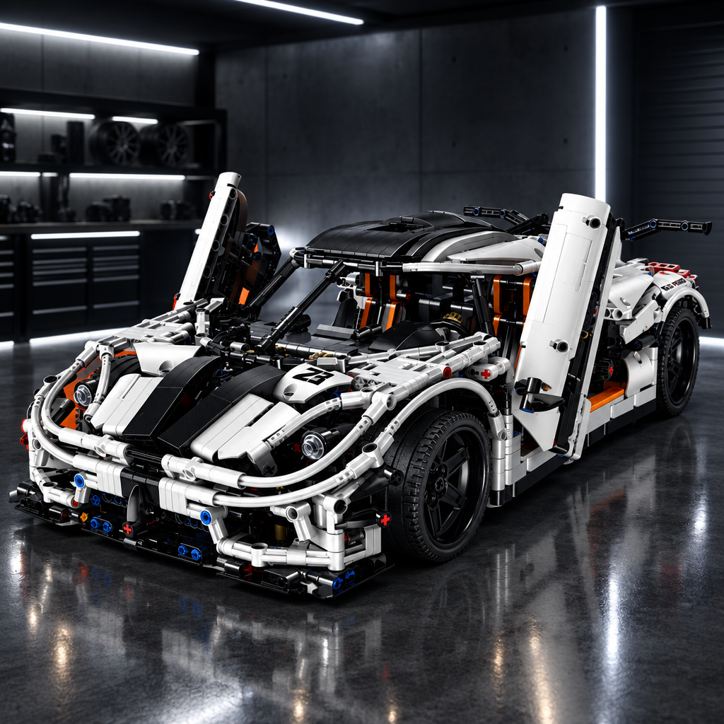 White Shadow Hypercar LEGO model full car view in a dark premium garage with cool white ambient glow