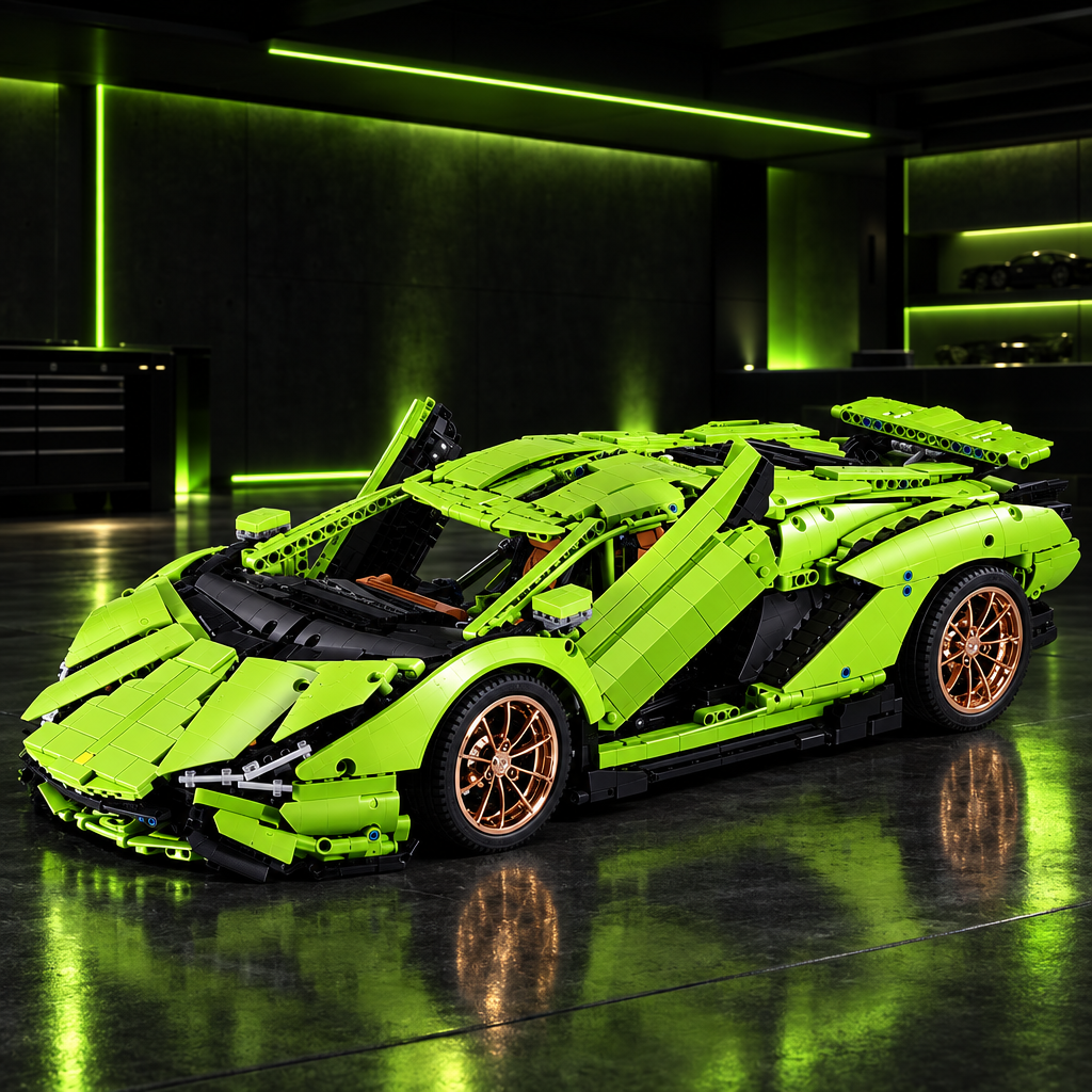 Lime Venom GT LEGO model full car view in a dark premium garage with lime green ambient glow