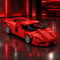Red Ferrari Enzo style LEGO model in a dark premium garage with red ambient glow