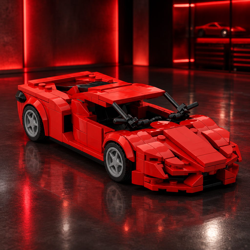 Red Ferrari Enzo style LEGO model in a dark premium garage with red ambient glow