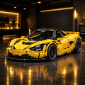 Sunfire M4 Racer LEGO model in a dark premium garage with yellow ambient glow