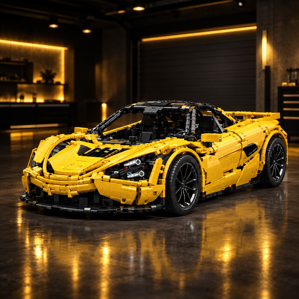 Sunfire M4 Racer LEGO model in a dark premium garage with yellow ambient glow