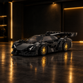 Obsidian Phantom RS LEGO model in a dark premium garage setting with gold wheel glow