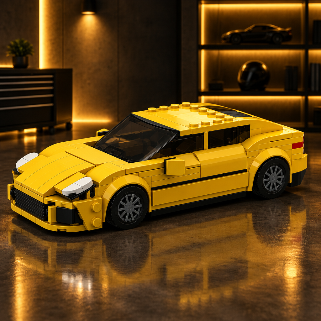 Gold Rush GT4 LEGO model in a dark premium garage with warm golden ambient glow