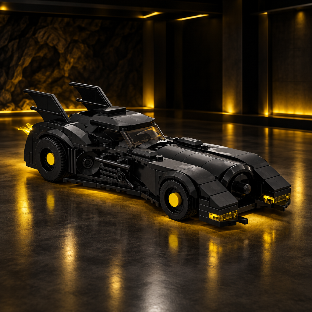 Dark Knight Chariot black Batmobile LEGO model full car view in a dark premium garage with golden glow