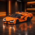 Orange hypercar LEGO model in a dark premium garage with orange ambient glow