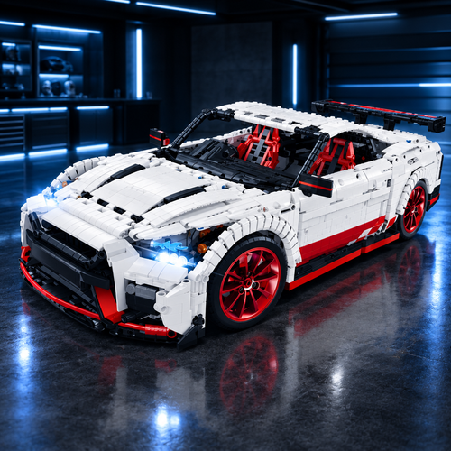 Arctic GT3 Racer LEGO model in a dark premium garage with icy blue ambient glow