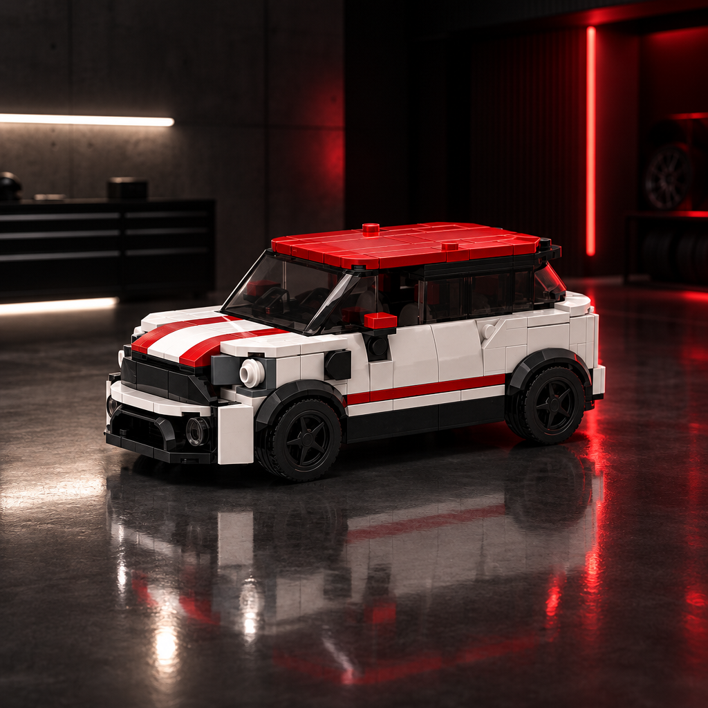 Micro Sports Racer white and red MINI style LEGO model full car view in a dark premium garage
