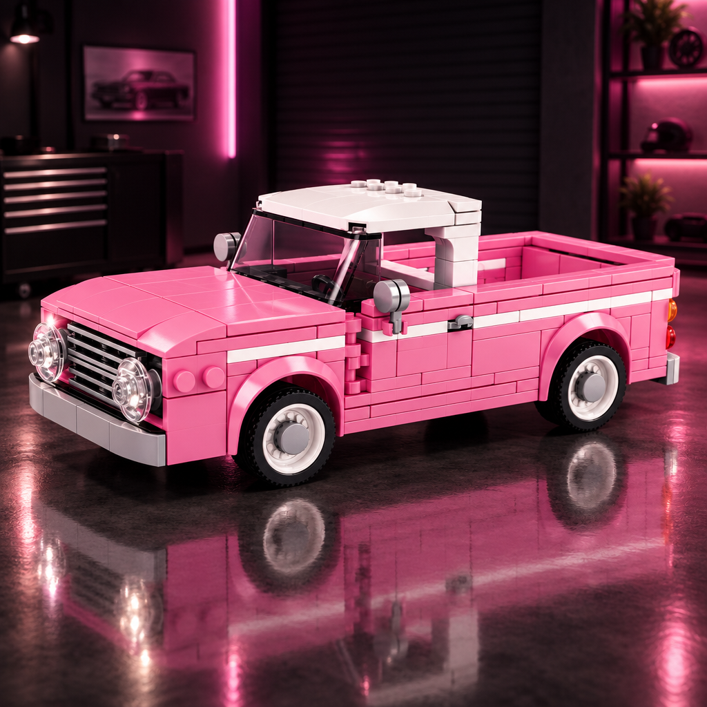 Blossom Pickup Classic pink LEGO model full car view in a dark premium garage