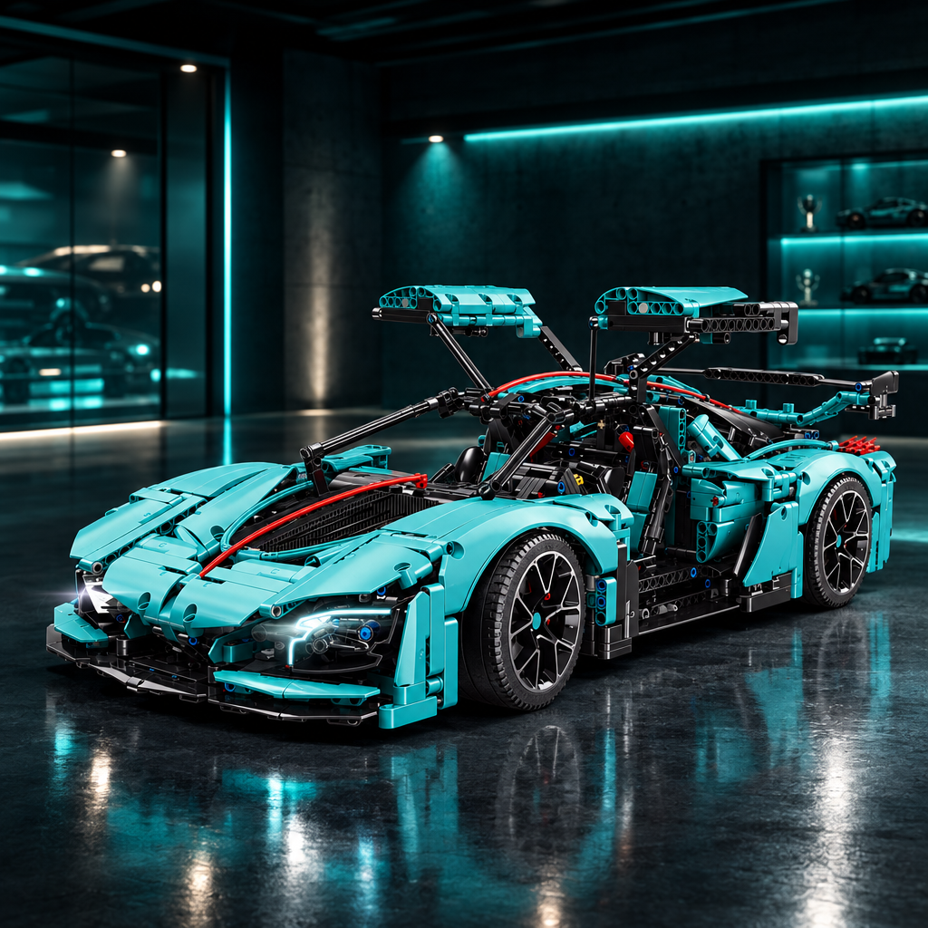 Teal Phantom GT LEGO model full car view in a dark premium garage with teal ambient glow