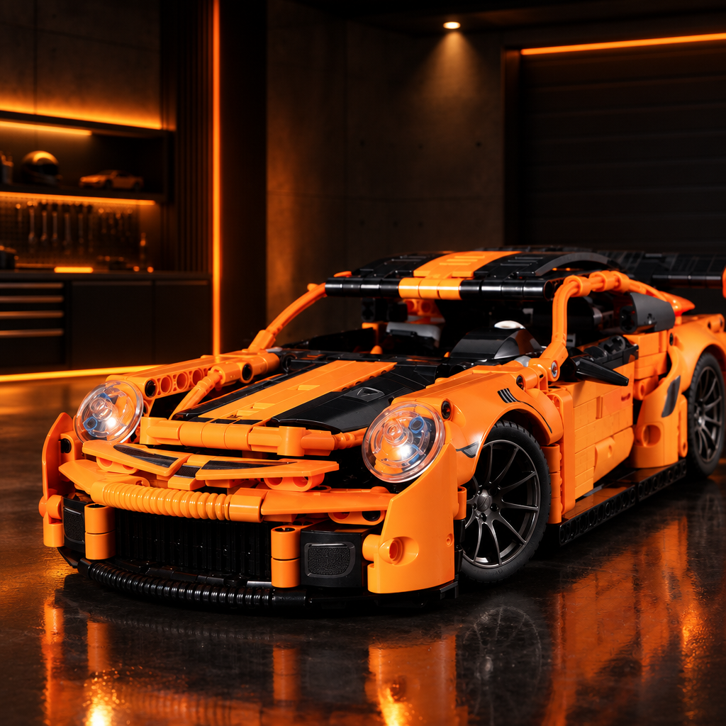 Orange Storm 911 LEGO model full car view in a dark premium garage with warm orange ambient glow