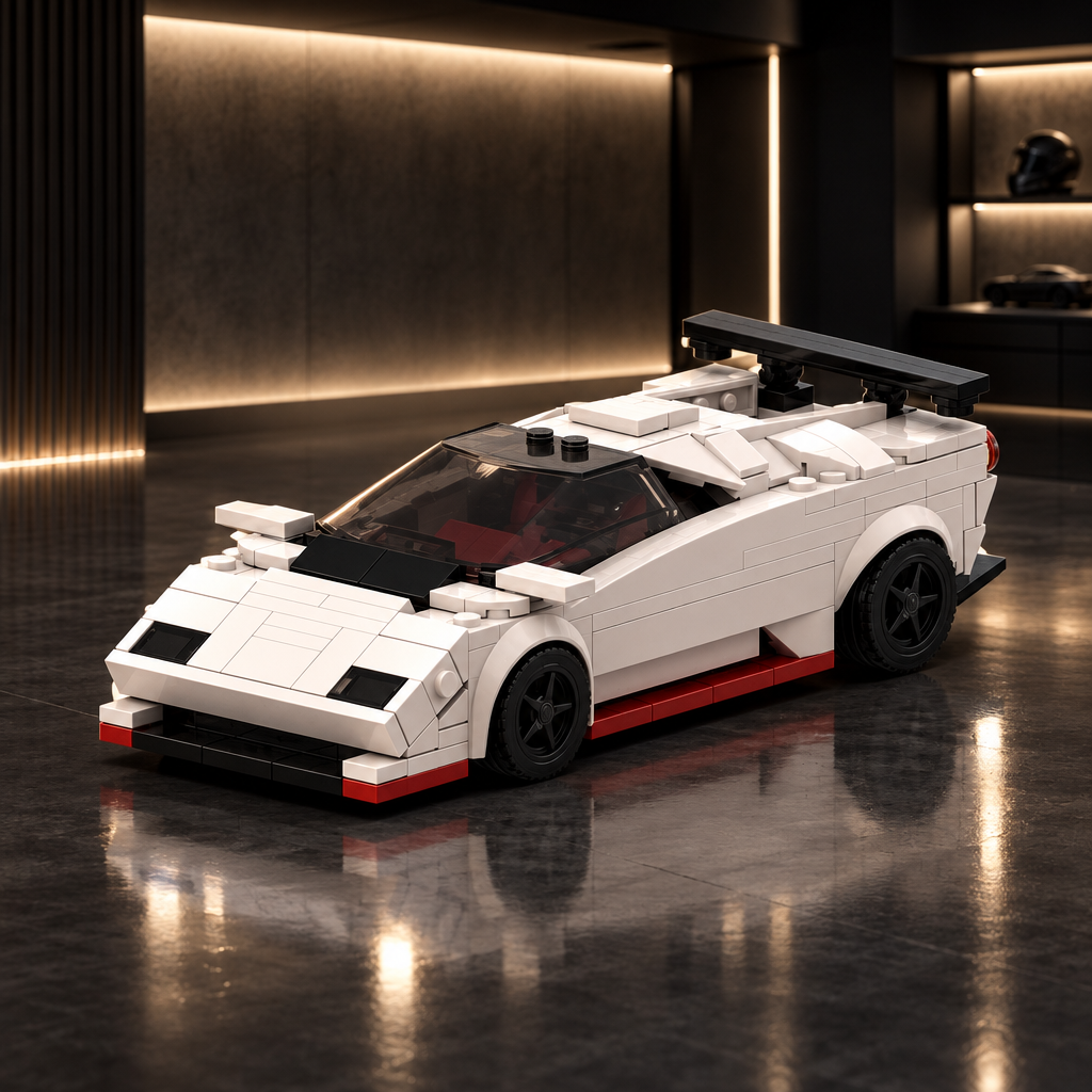 Pearl Countach Classic LEGO model in a dark premium garage with soft pearl-white ambient glow
