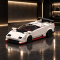 Pearl Countach Classic LEGO model in a dark premium garage with soft pearl-white ambient glow